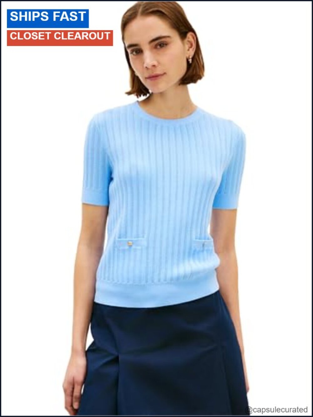 Pointelle Short Sleeve Cotton Crew Neck Sweater